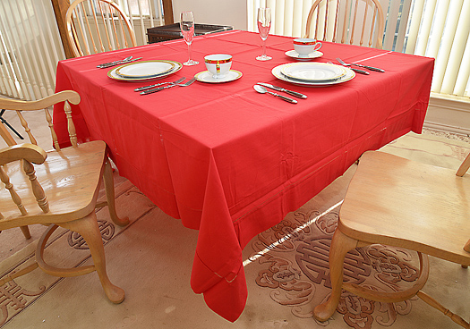 Happy Festive Tablecloth. 90" Square. Red